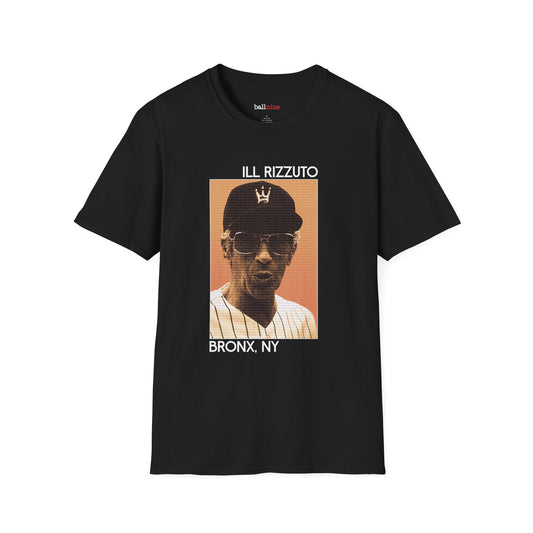 Black t-shirt with a graphic of a person wearing a cap and sunglasses, with text 'ILL RIZZUTO' and 'BRONX, NY'.