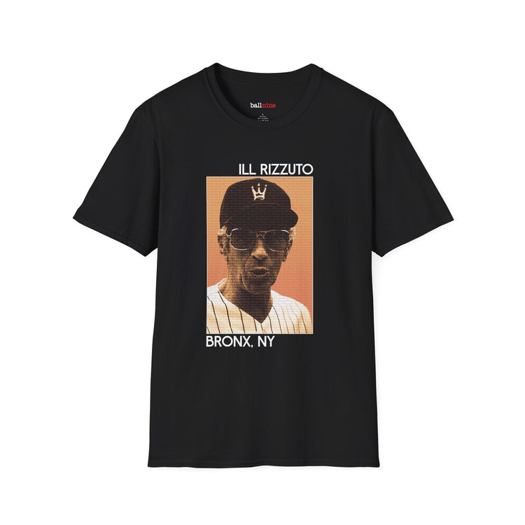 Black t-shirt with a graphic of a person wearing a cap and sunglasses, with text 'ILL RIZZUTO' and 'BRONX, NY'.